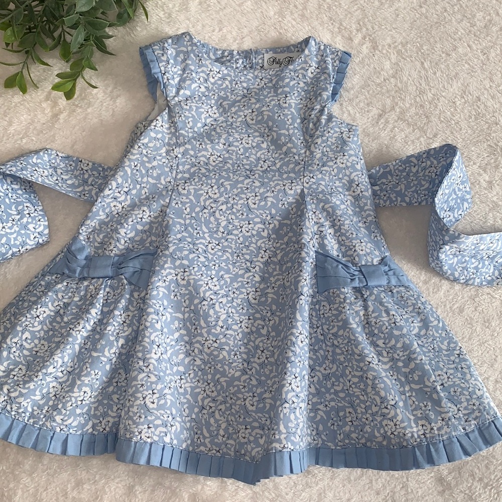 Polly Flinders Blue Floral Dress 18M Ties